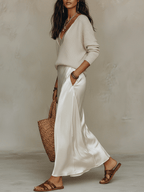 Cerelia | Dames Elegante Midi Co-ord Set – Ivoor Kleurige Bijpassende Top en Rok Set
