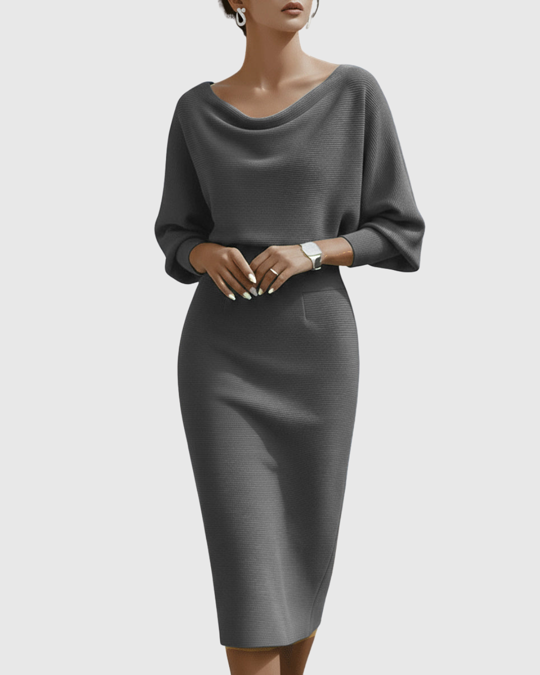 Aria | Witte midi-jurk met gedrapeerde batwing-mouwen voor dames – Elegant en ruimvallend