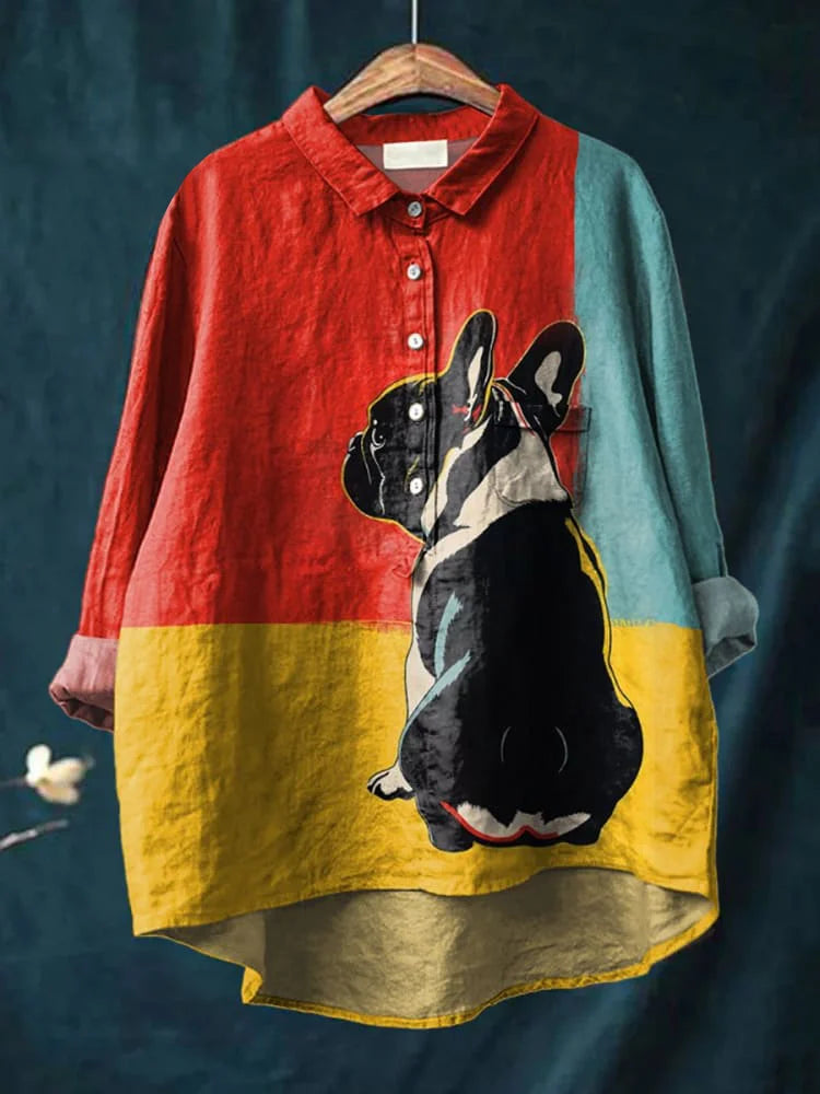 Zarielle | Oversized Dames Blouse – Honden Bedrukt overhemd, Katoen Casual Top
