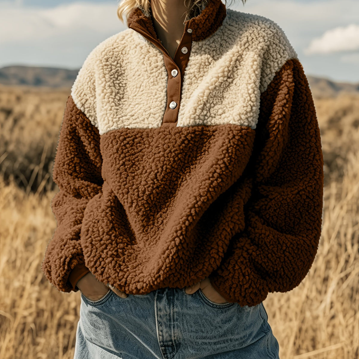 Anoria | Dames zachte color-block sweater – Halve knoopsluiting aan de voorkant