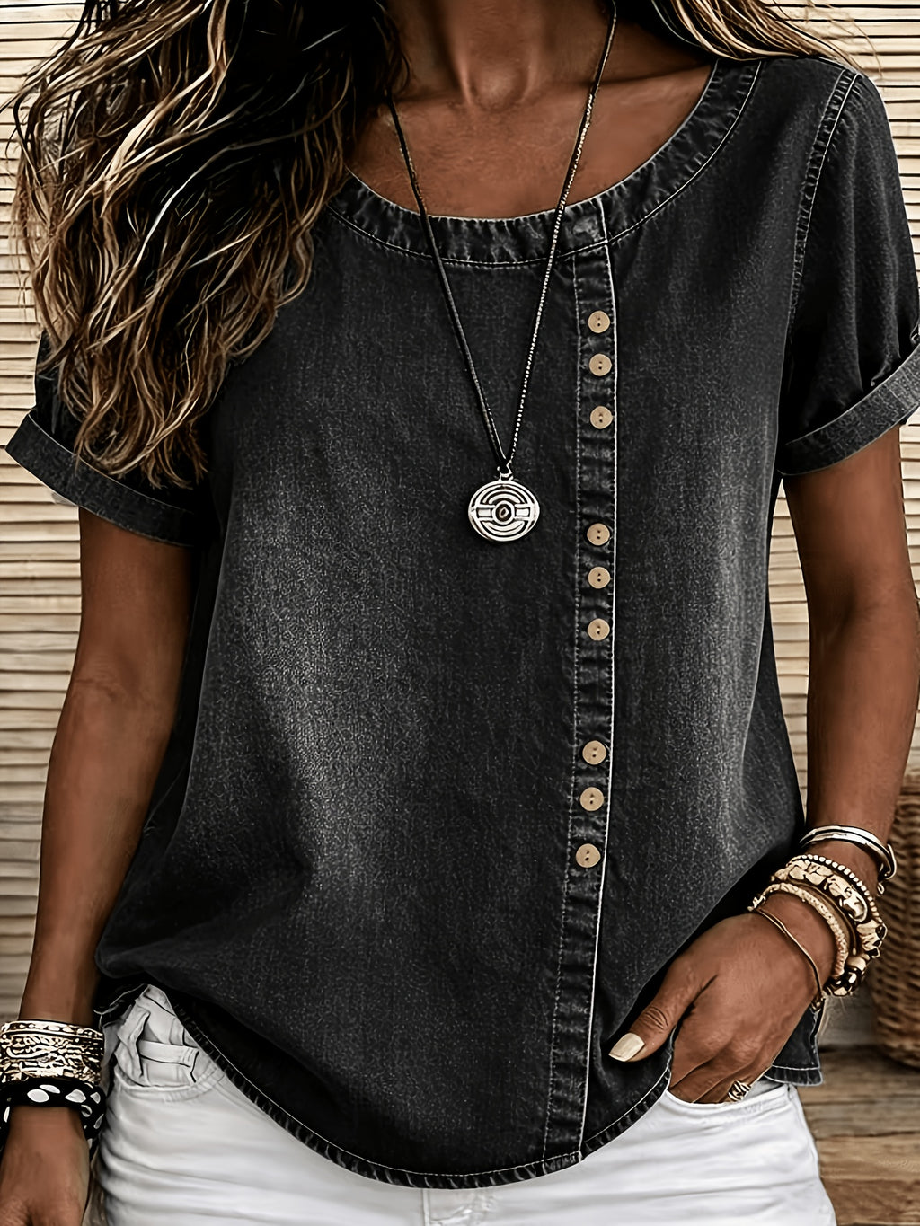 Viviana | Casual denimtop voor dames – Blouse met korte mouwen en versleten look