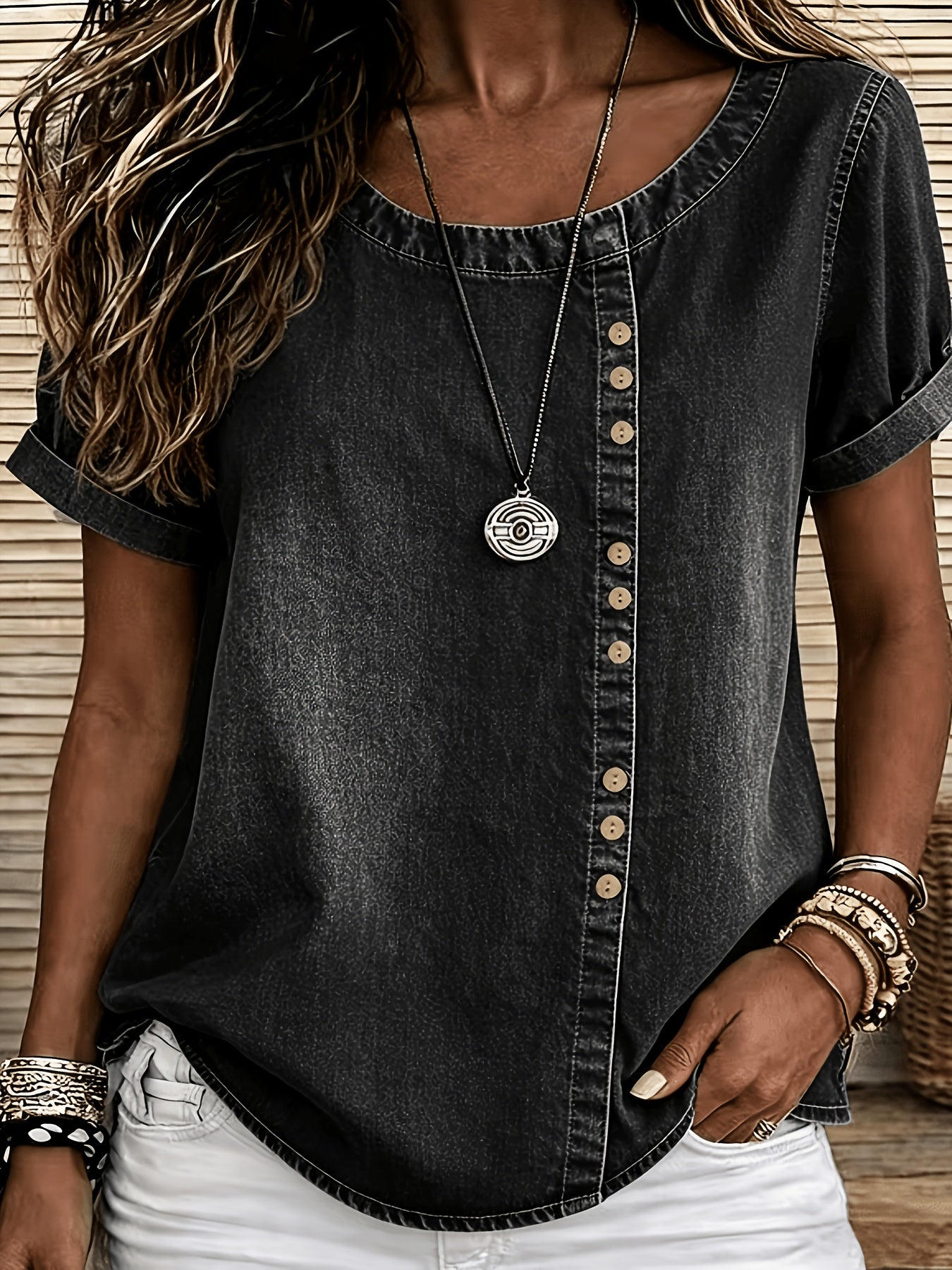 Viviana | Casual denimtop voor dames – Blouse met korte mouwen en versleten look
