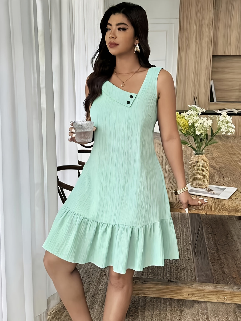 Lyliana | Elegante mouwloze damesjurk – soepel vallende, effen gekleurde A-lijn casual jurk