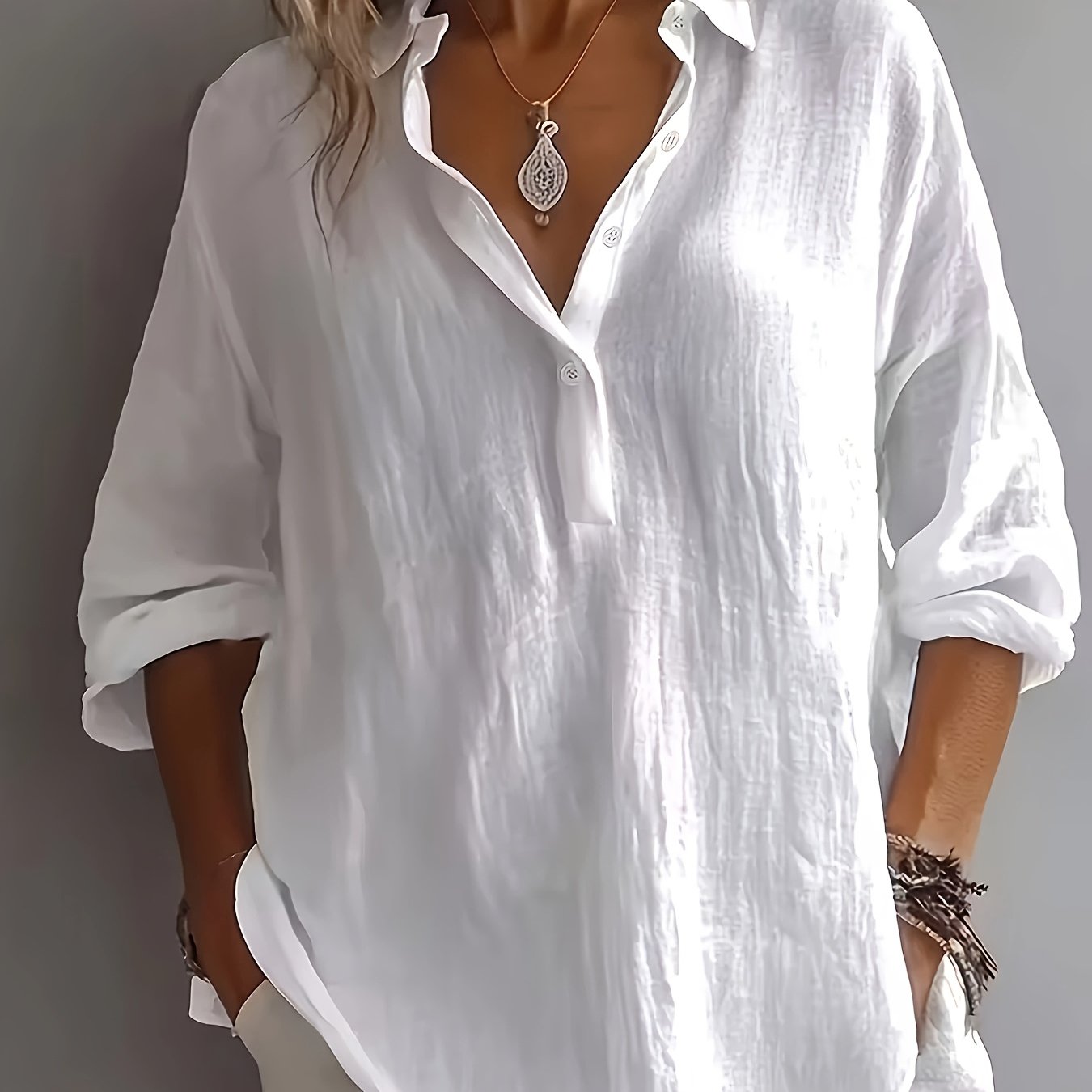 Lilou | Damesblouse met lange mouwen – Loszittend overhemd met kraag en knopen