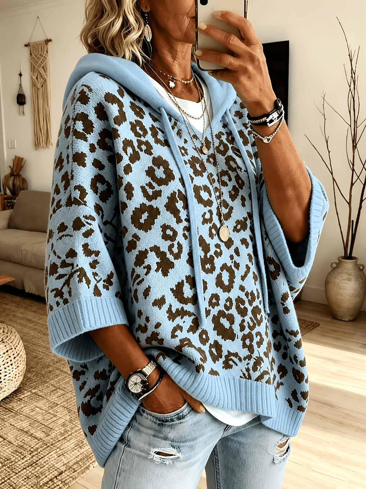 Betty | Hoodie met luipaardprint voor dames – Oversized trui met vleermuismouwen