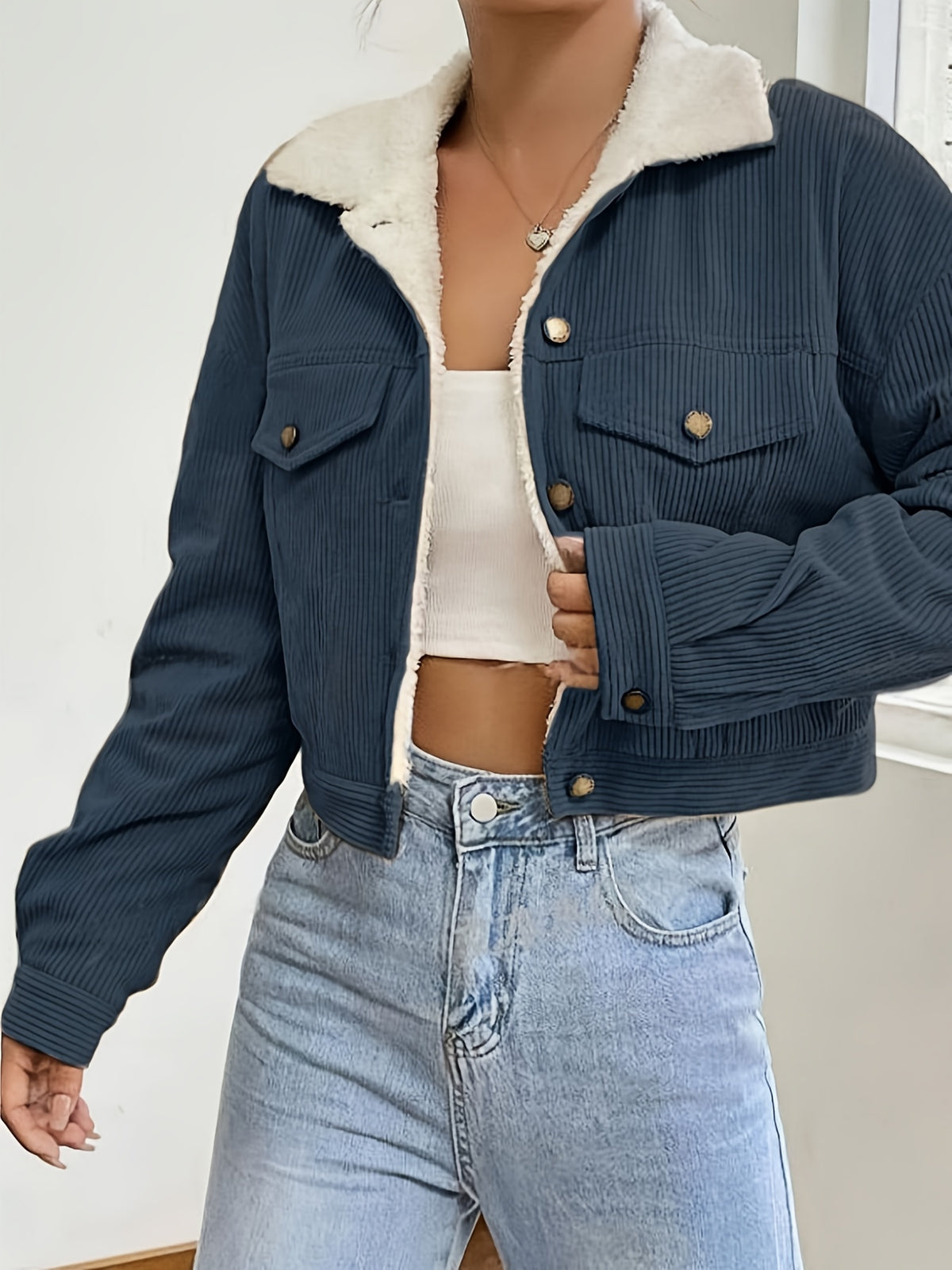 Hilde | Dames Corduroy Jas met Fleece Kraag & Korte Pasvorm