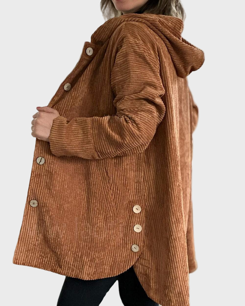 Fardina | Dames Corduroy Jas met Capuchon en Knoopsluiting – Casual Jas voor Herfst en Winter
