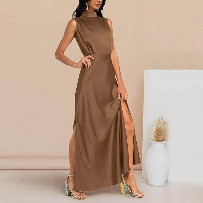 Diantha | Dames Elegante Mouwloze Maxi Jurk – Avondjurk met Opstaande Kraag en Zijsplit