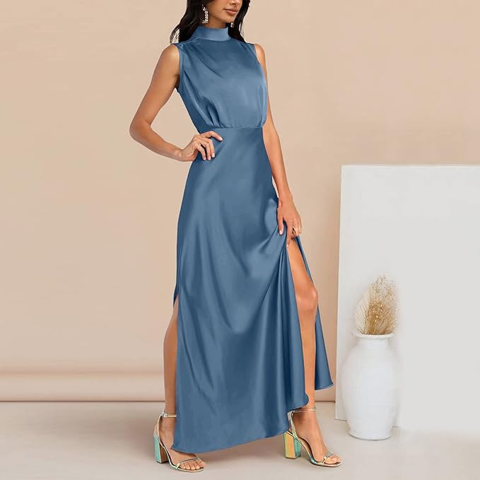 Diantha | Dames Elegante Mouwloze Maxi Jurk – Avondjurk met Opstaande Kraag en Zijsplit