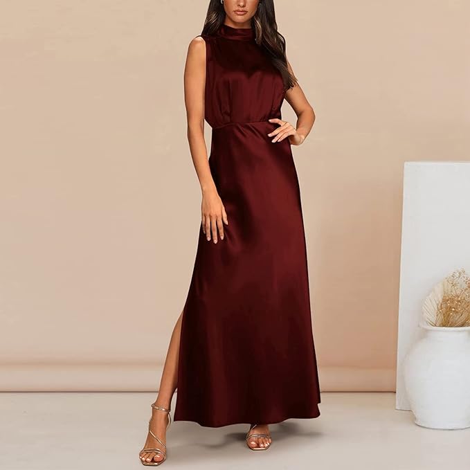 Diantha | Dames Elegante Mouwloze Maxi Jurk – Avondjurk met Opstaande Kraag en Zijsplit
