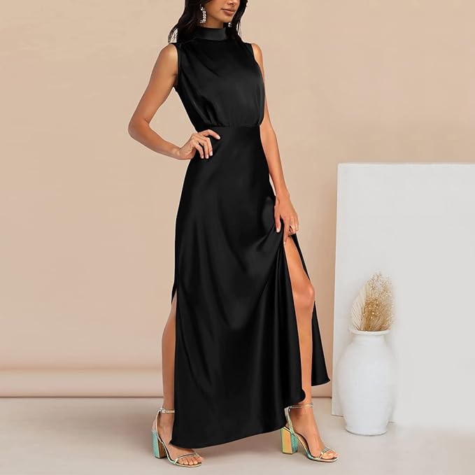 Diantha | Dames Elegante Mouwloze Maxi Jurk – Avondjurk met Opstaande Kraag en Zijsplit