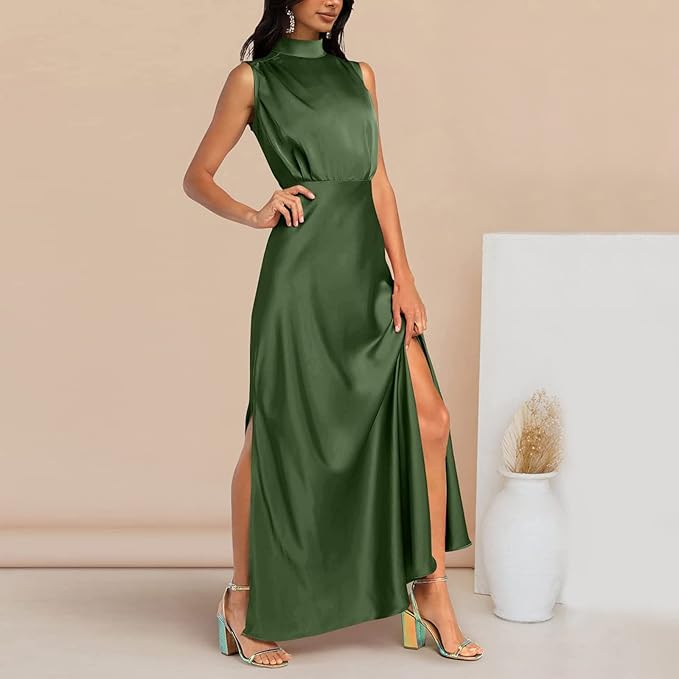 Diantha | Dames Elegante Mouwloze Maxi Jurk – Avondjurk met Opstaande Kraag en Zijsplit