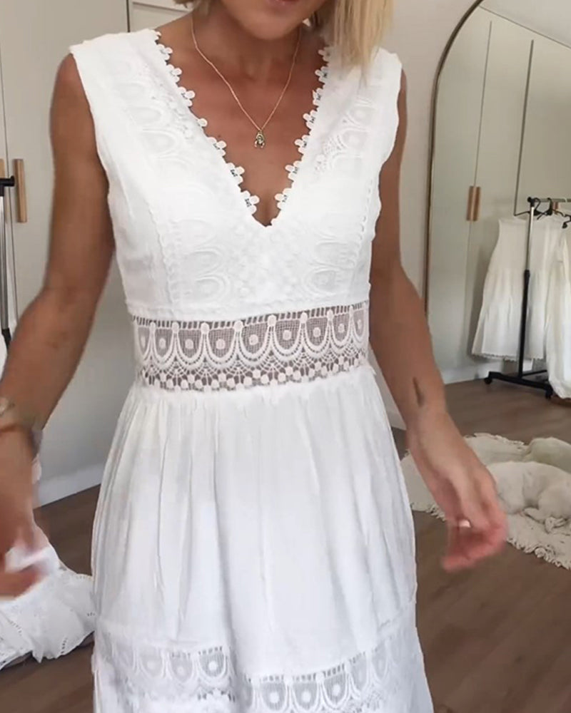 Indigo | Elegante kanten tanktopjurk voor dames – Midi-jurk met V-hals en zonder mouwen
