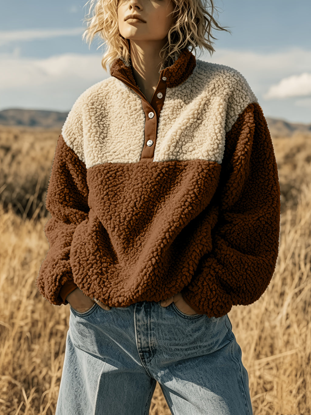 Anoria | Dames zachte color-block sweater – Halve knoopsluiting aan de voorkant