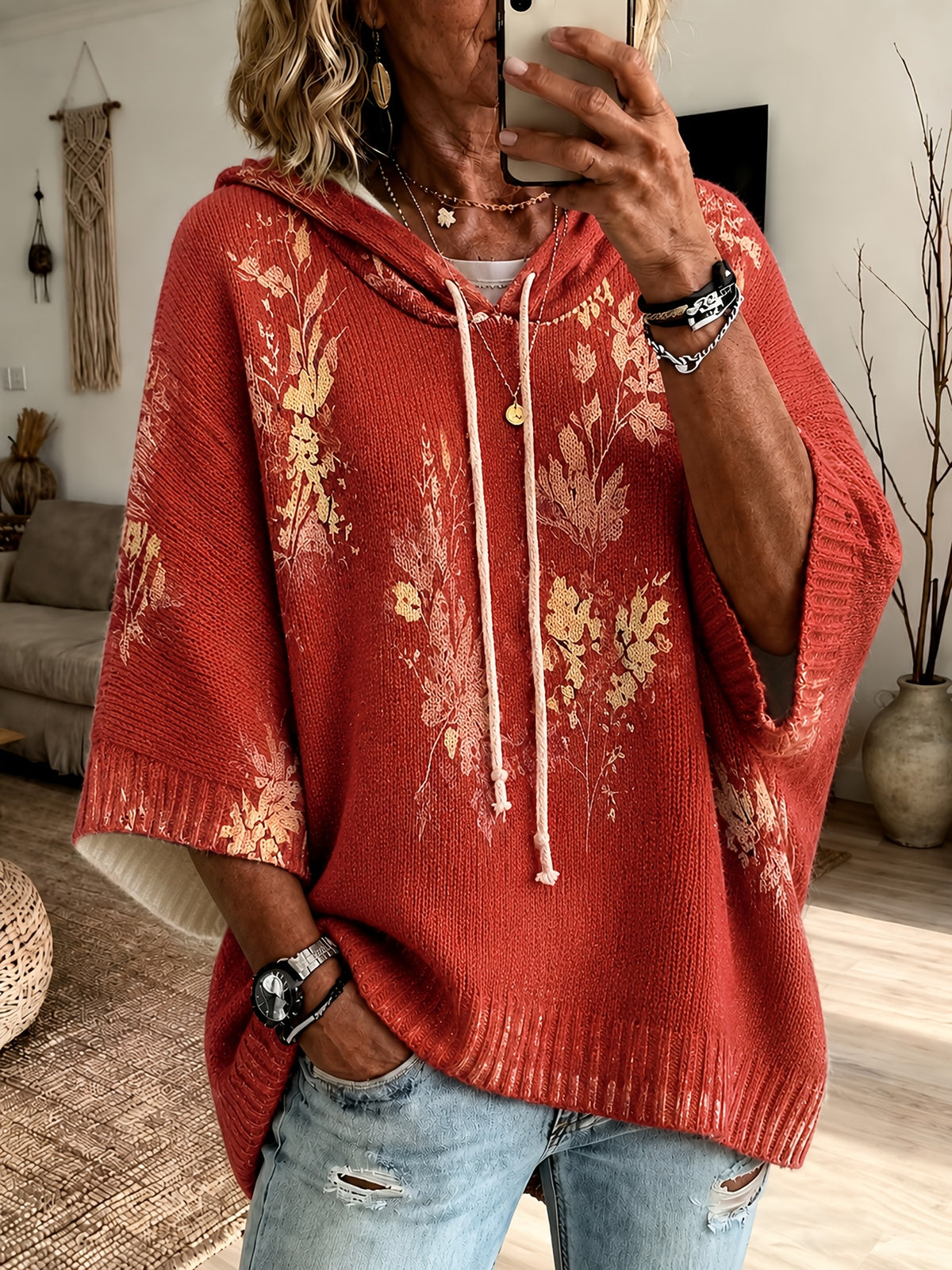 Eden | Damescape met capuchon en bloemenprint – pullover met 3/4-mouwen en trekkoord