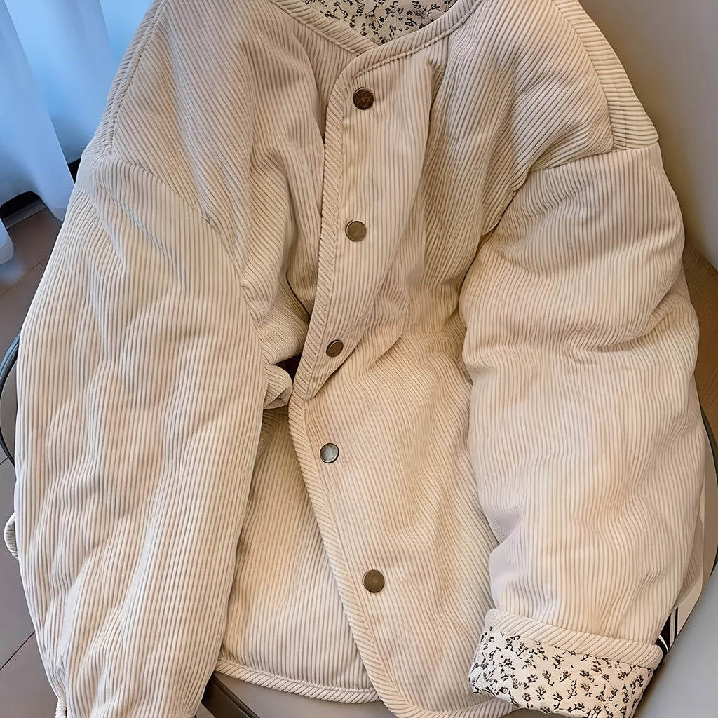 Elaria | Beige gewatteerd damesjack met bloemenprint – Gewatteerde jas met lange mouwen