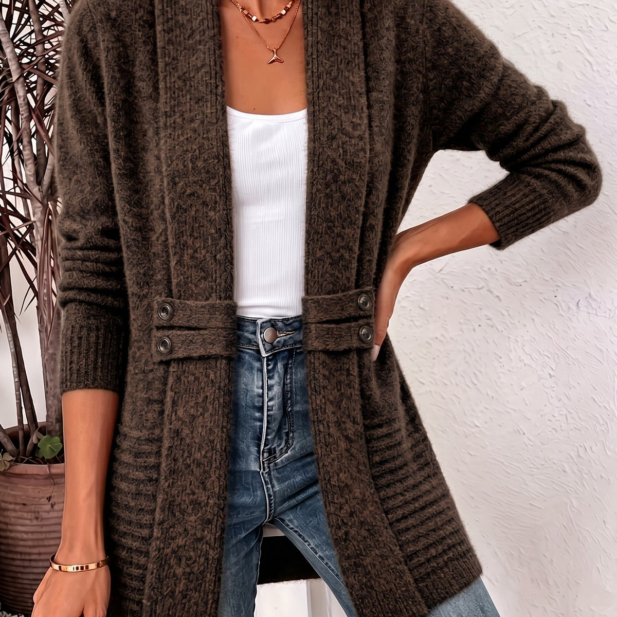 Wistera | Damesvest Cardigan – Dubbele Knoopsluiting, Ceintuur, Midilang & Losse Pasvorm