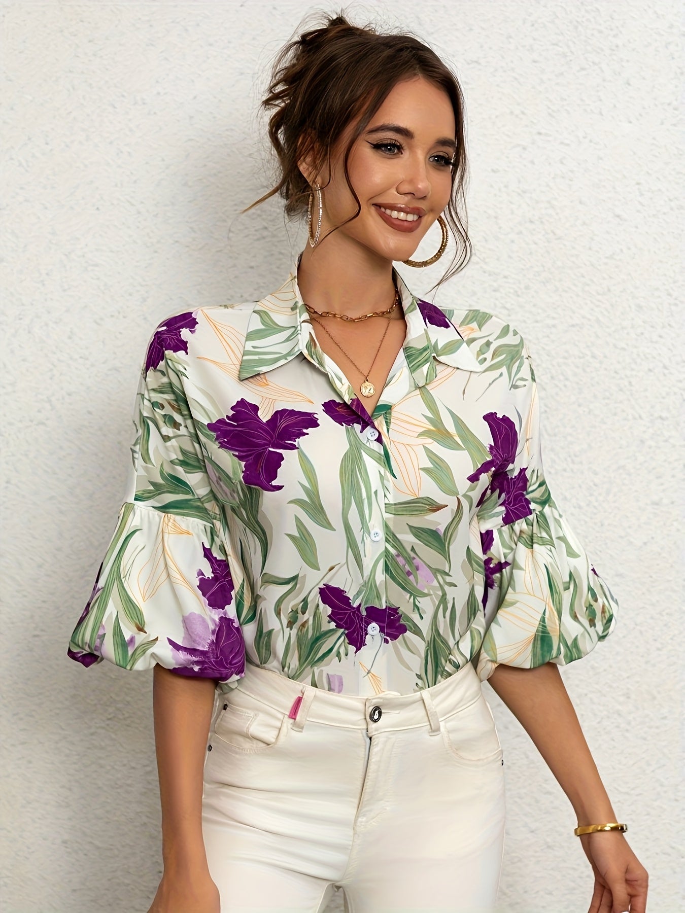 Lynra | Damesblouse met bloemenprint en lantaarnmouwen – Elegante blouse