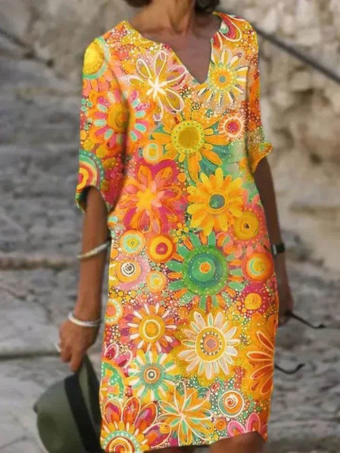 Estelle | Bloemenprint Midi Zomerjurk voor Dames – V-hals Casual Elegante Zomerjurk