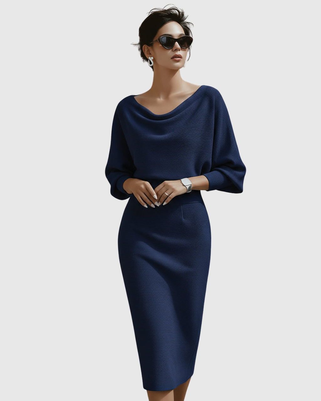 Milena | Weißes, locker sitzendes Damenkleid – Midikleid mit Fledermausärmeln