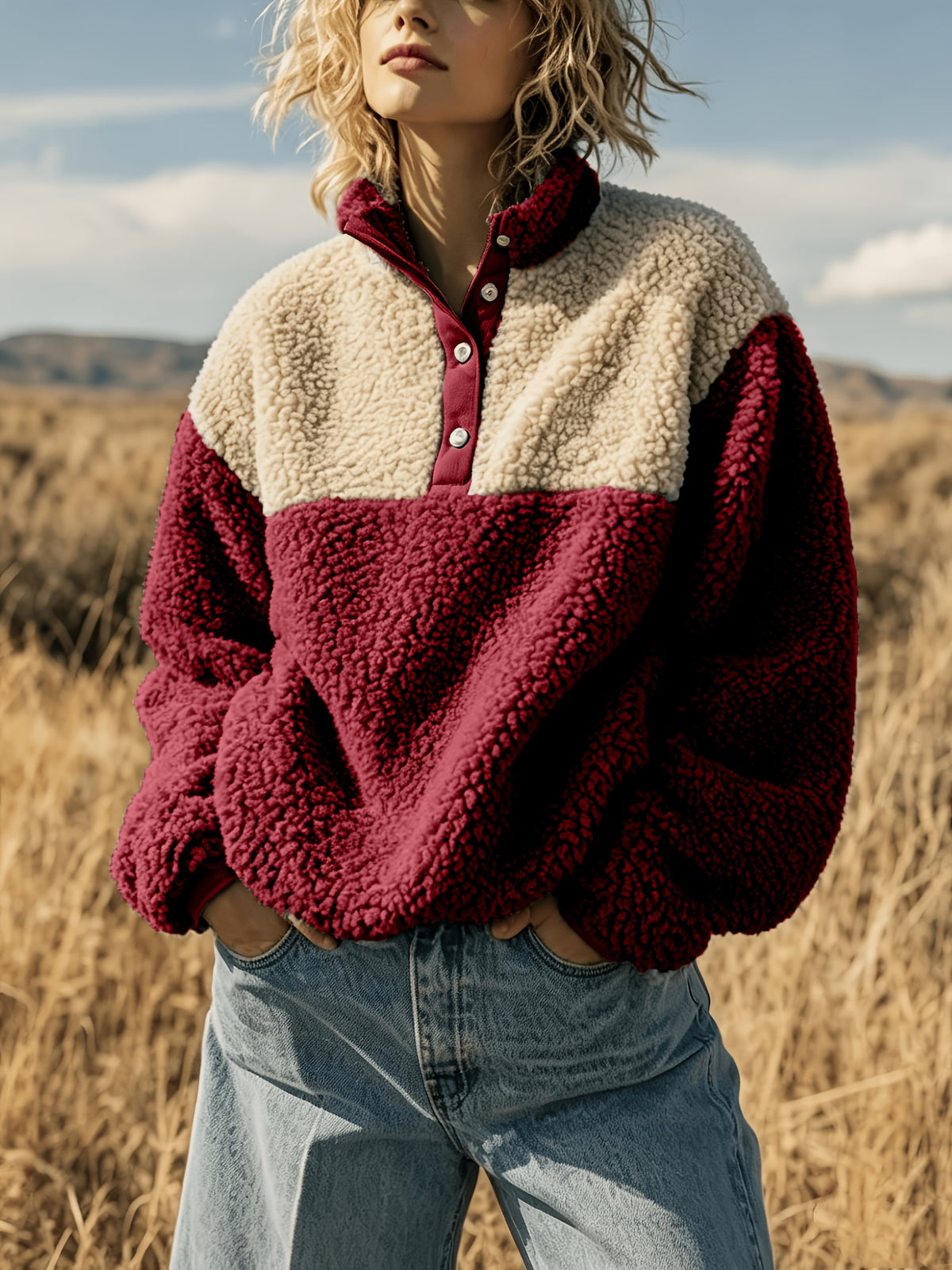Anoria | Dames zachte color-block sweater – Halve knoopsluiting aan de voorkant