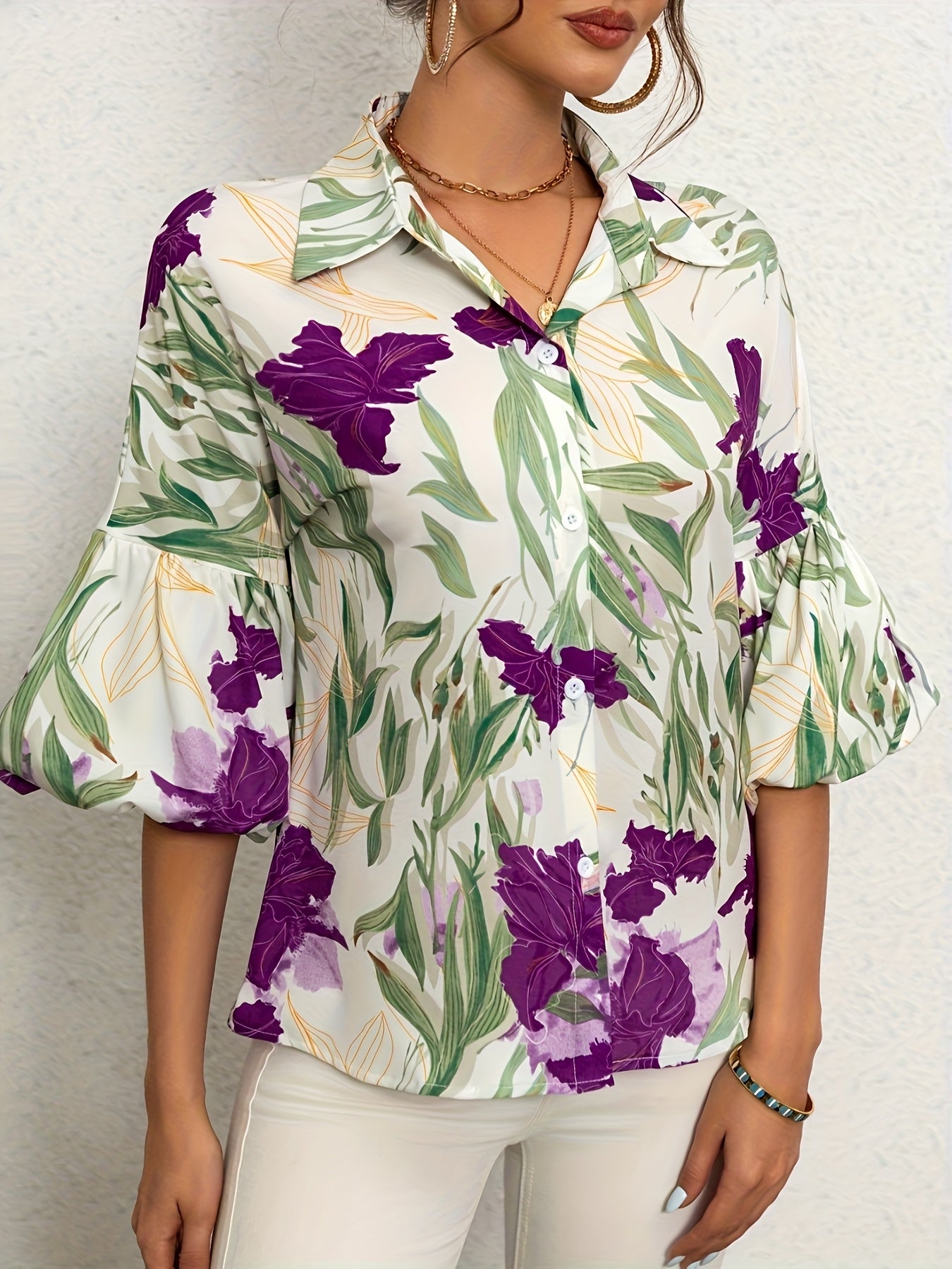 Lynra | Damesblouse met bloemenprint en lantaarnmouwen – Elegante blouse