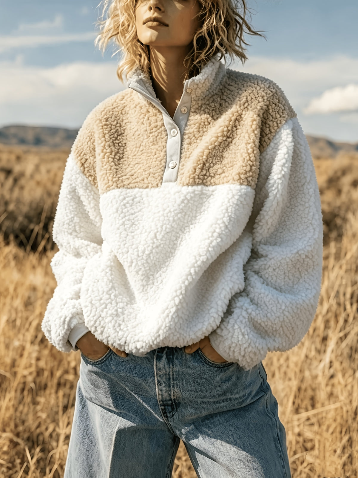 Anoria | Dames zachte color-block sweater – Halve knoopsluiting aan de voorkant
