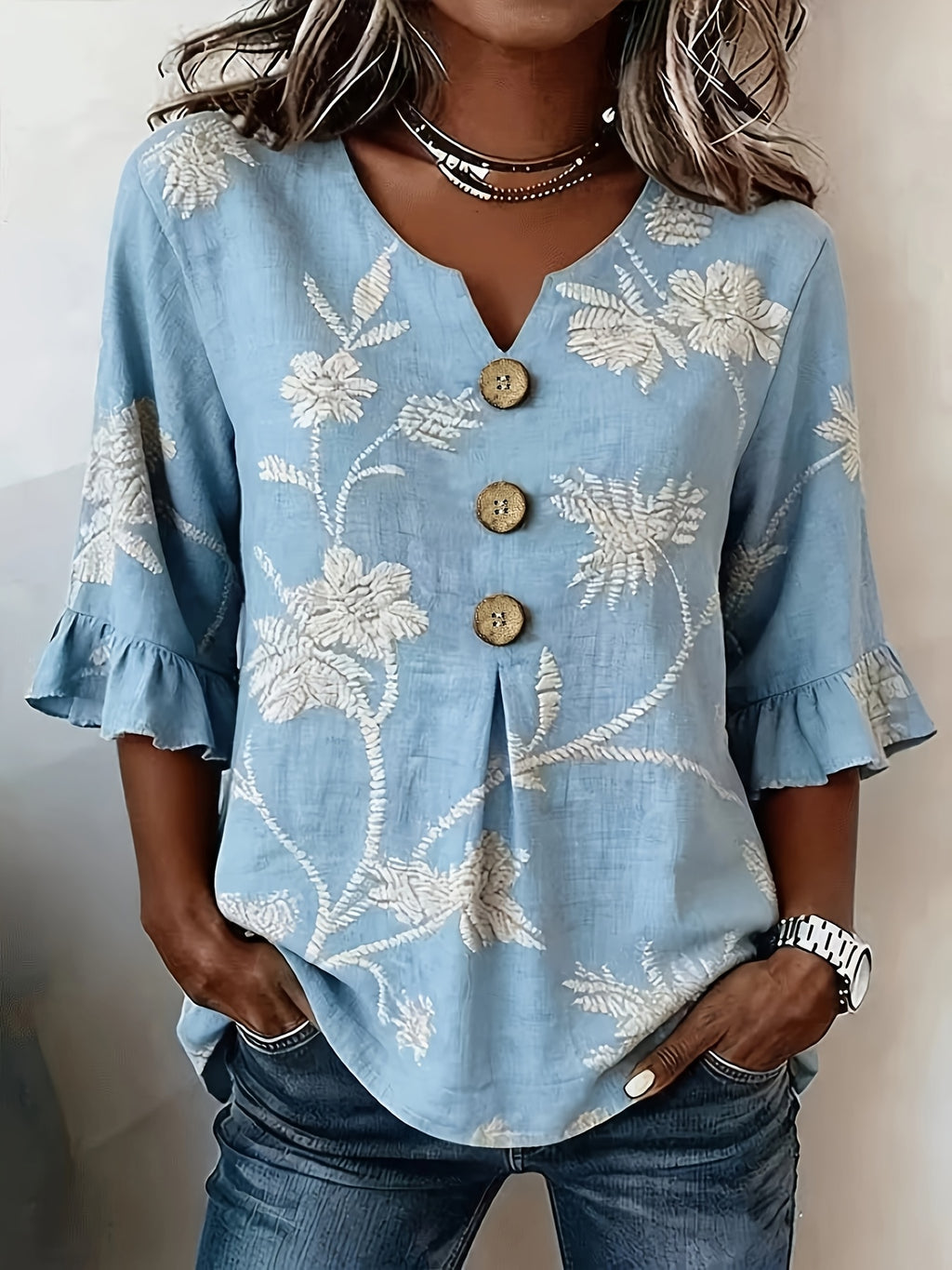 Pearlina | Damesblouse met bloemenprint en V-hals – Blouse met relaxte, losse pasvorm
