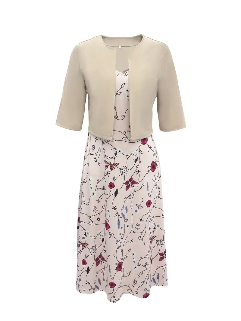 Janelle | Dames Tweedelige Jurk met Bloemenprint – Mouwloze Midi Jurk met V-Hals