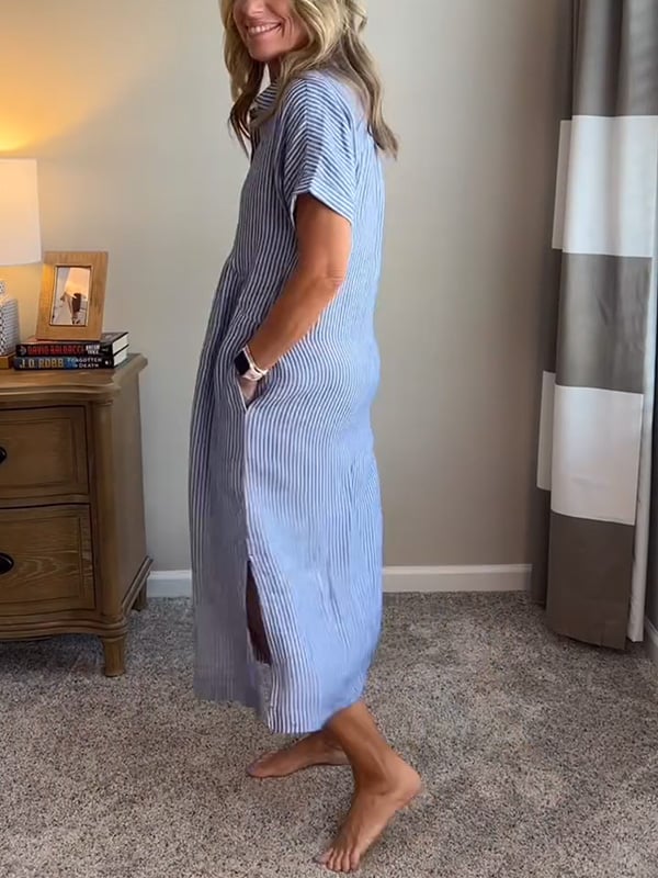 Kendra | Elegante Gestreepte Jurk voor Dames – Midi Overhemdjurk met Zakken en Relaxte Pasvorm