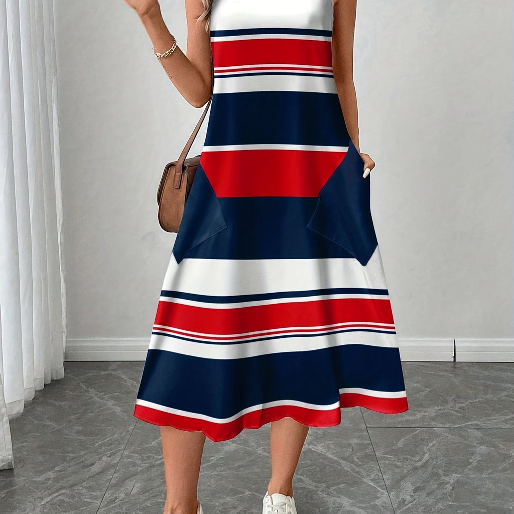 Rainelle | Casual A-lijn jurk voor dames – Gestreepte, mouwloze midi-jurk met print