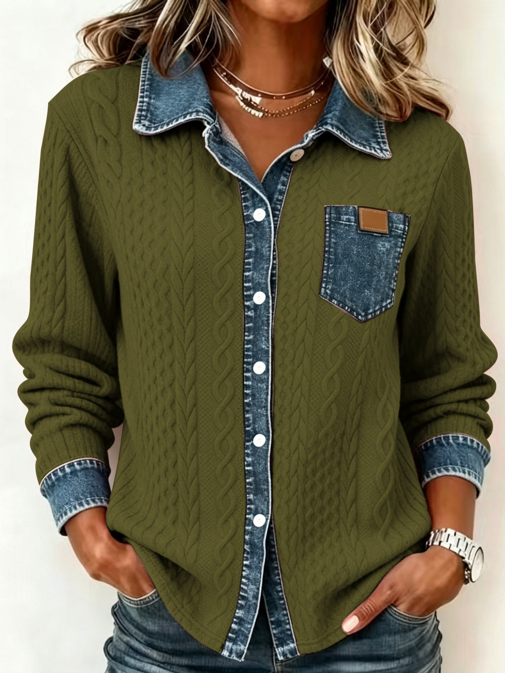 Leora | Damestrui van faux-denim jacquard – Trui met lange mouwen en print