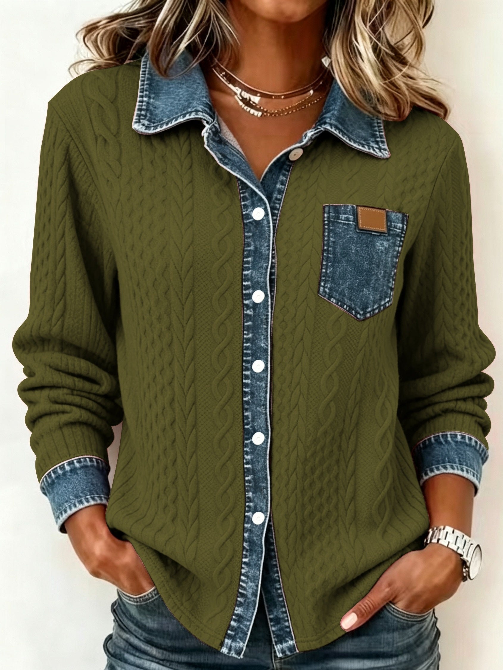 Leora | Damestrui van faux-denim jacquard – Trui met lange mouwen en print