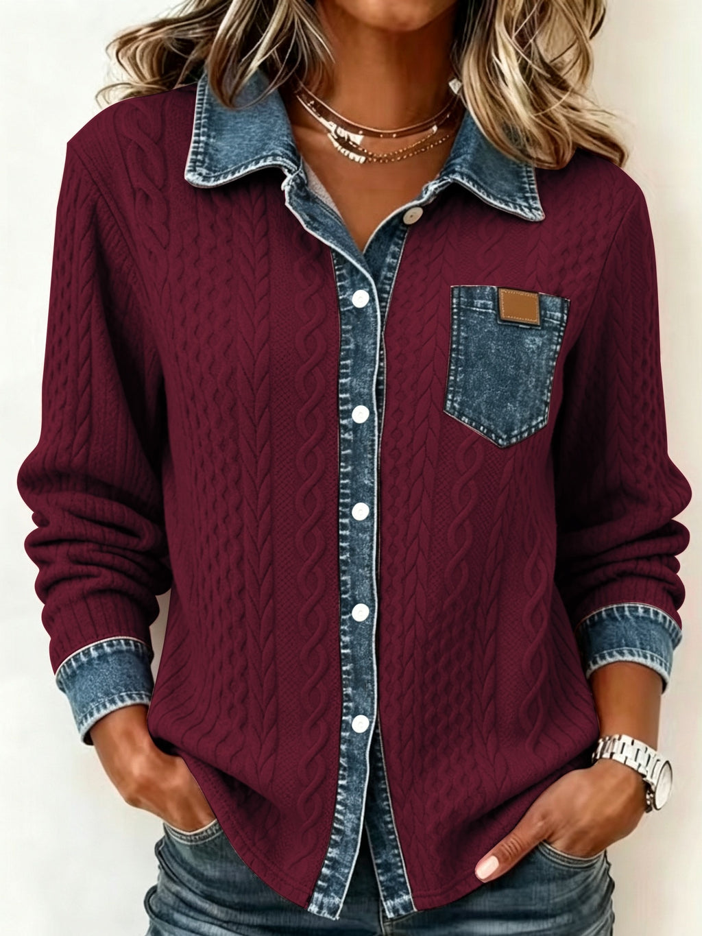 Leora | Damestrui van faux-denim jacquard – Trui met lange mouwen en print
