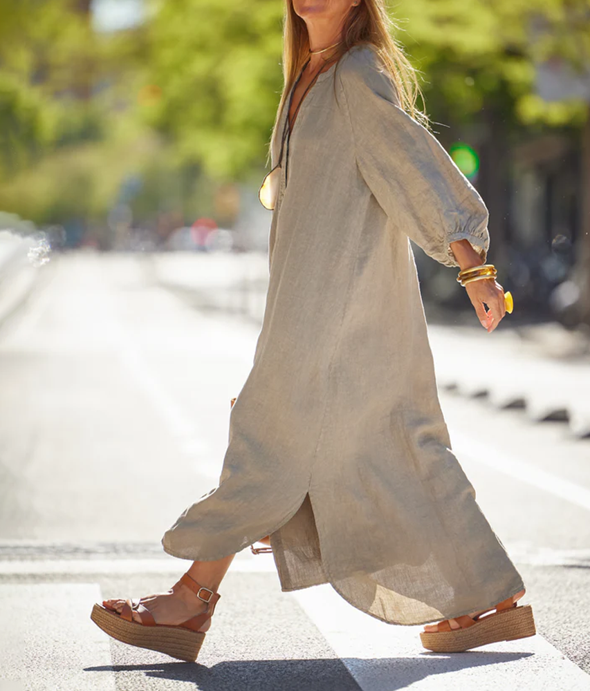 Alia | Casual linnen jurk voor dames – losvallende, ademende zomer midi-jurk