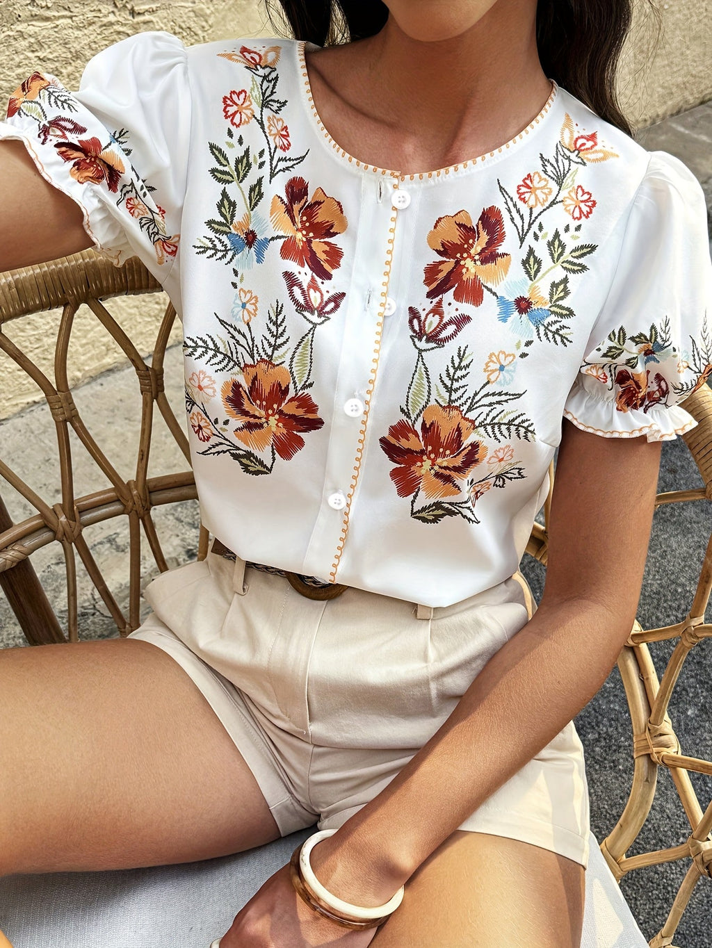 Soleil | Dames Geborduurde Bloemenblouse – Casual Chique Blouse