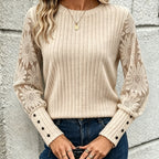 Lammie | Dames Top met Kanten Mouwen, Verticale Strepen & Ronde Hals, Lange Mouwen