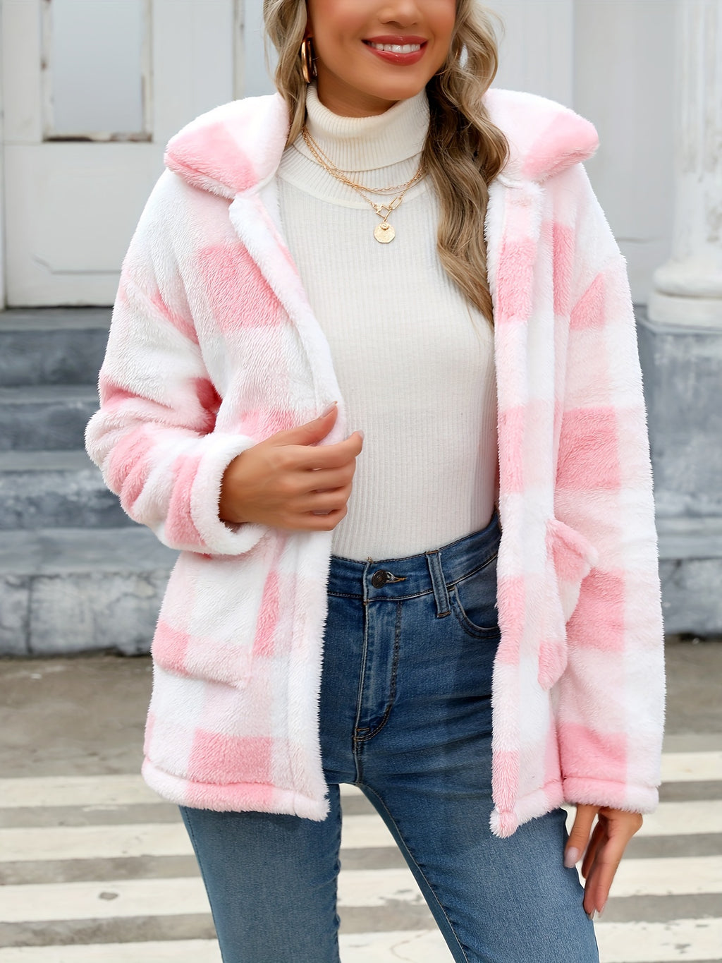 Noralise | Geruite Teddy Damesjas – Pluche, Lange Mouwen