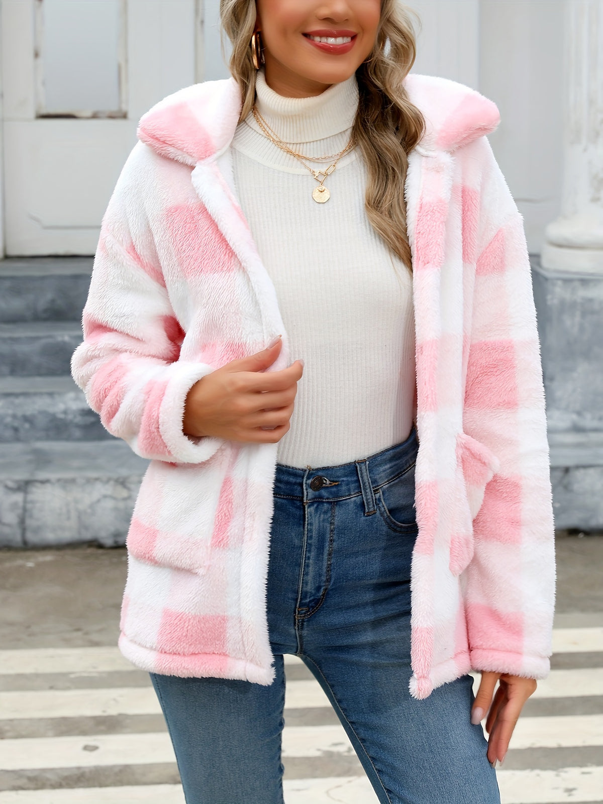 Noralise | Geruite Teddy Damesjas – Pluche, Lange Mouwen