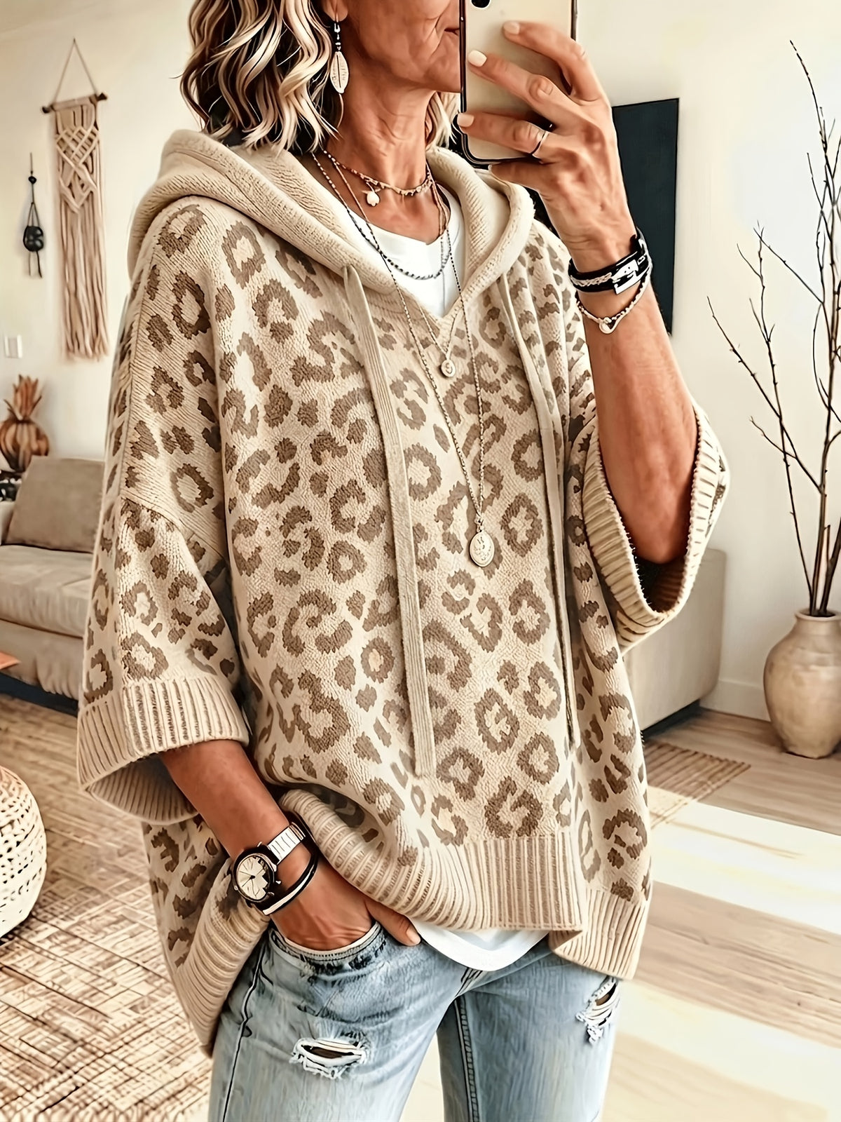 Betty | Hoodie met luipaardprint voor dames – Oversized trui met vleermuismouwen