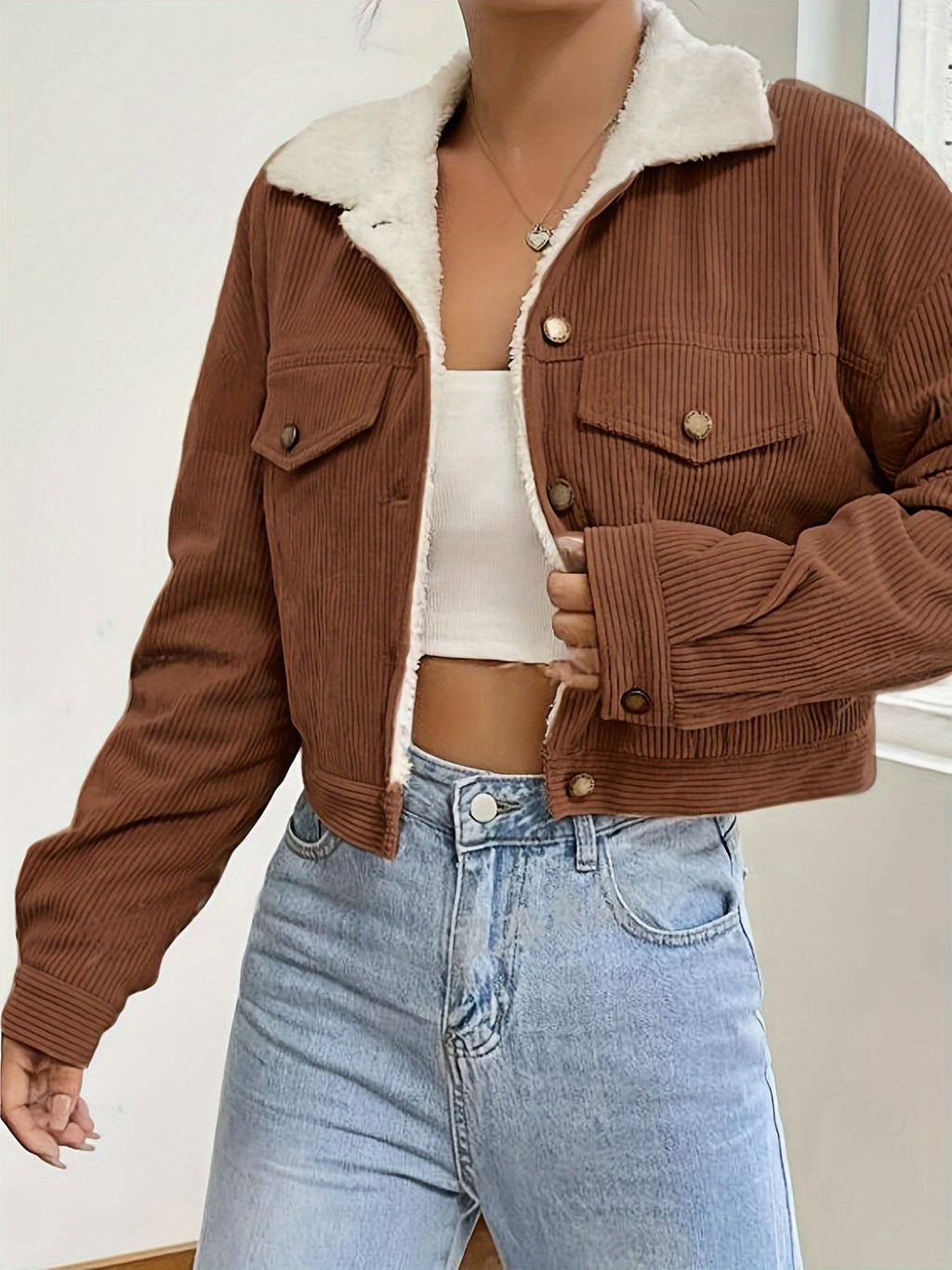 Hilde | Dames Corduroy Jas met Fleece Kraag & Korte Pasvorm