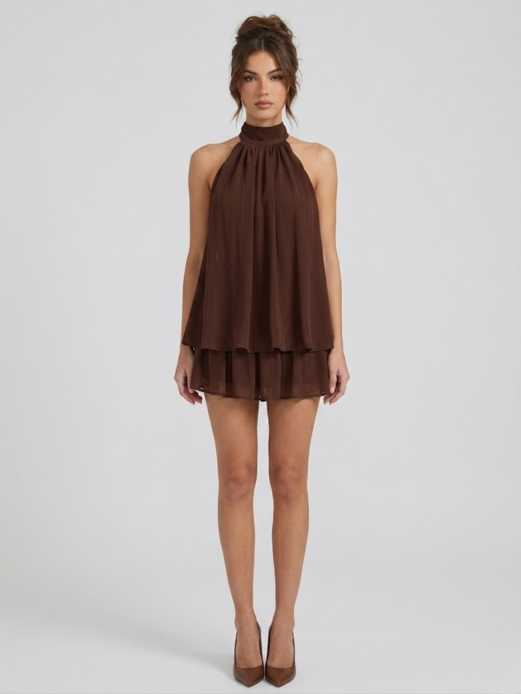 Monroe | Dames Rugloze Mini-jurk met Ruches – Elegante Halterjurk met Vloeiende Pasvorm