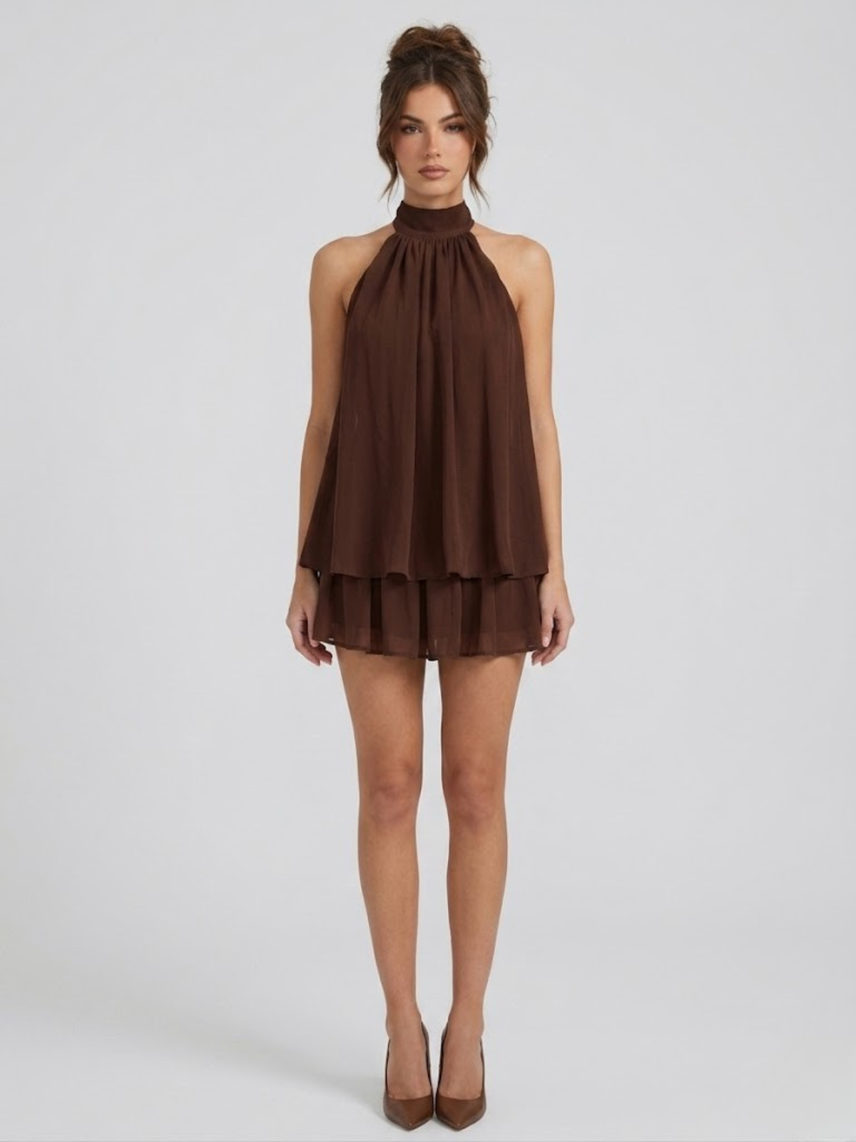 Monroe | Dames Rugloze Mini-jurk met Ruches – Elegante Halterjurk met Vloeiende Pasvorm