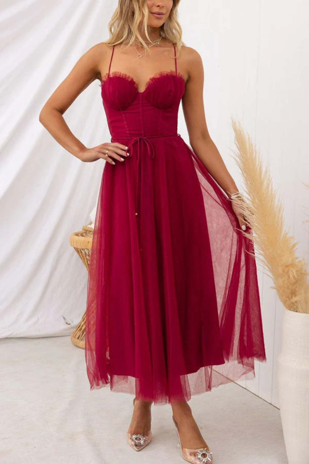 Greta | Formele Midi Jurk voor Dames – Strapless Avondjurk met Tule Bustier
