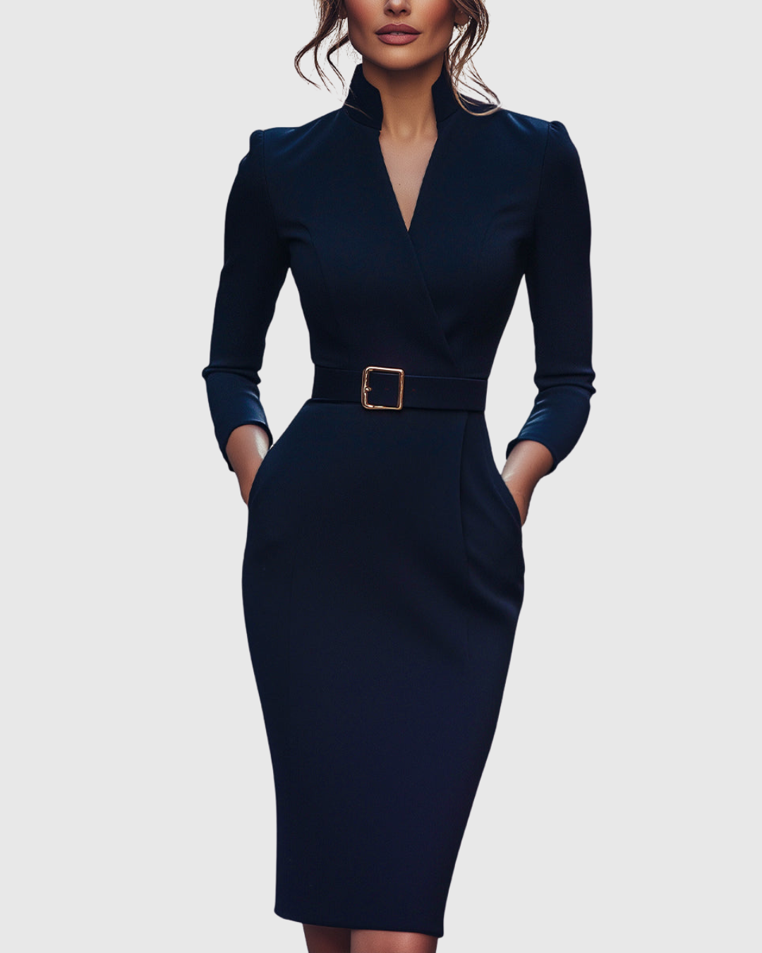 Arlena | Elegante werkjurk voor dames – Midi-kokerjurk met ceintuur en schijnbare overslaghalslijn