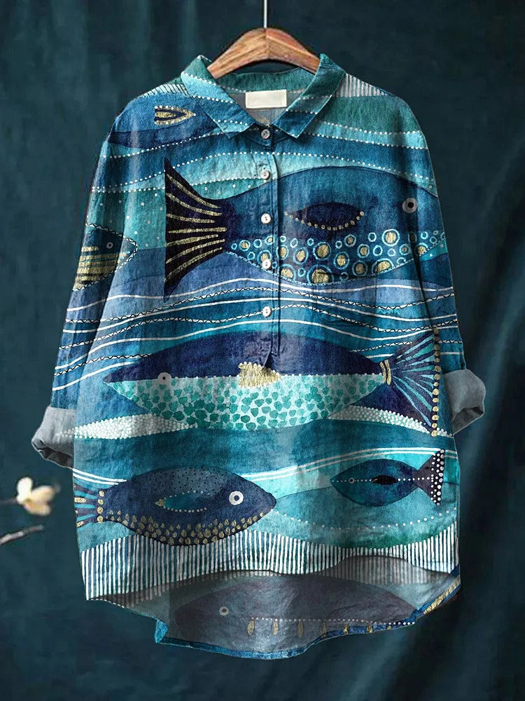 Zarielle | Oversized Dames Blouse – Honden Bedrukt overhemd, Katoen Casual Top