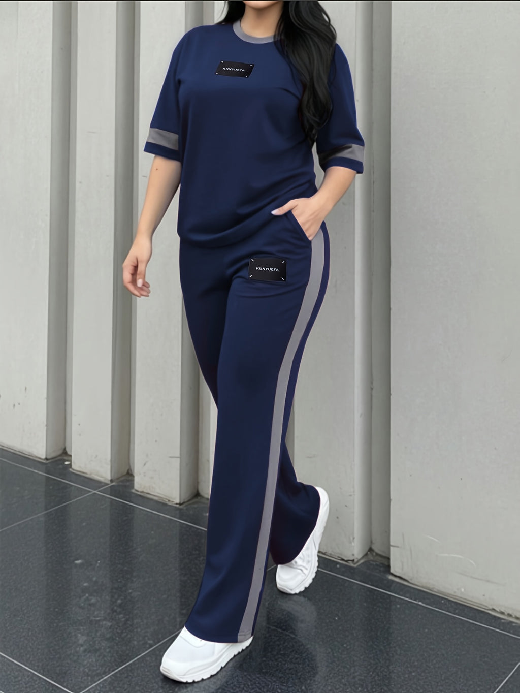 Lorielle | 2-delige loungeset voor dames – T-shirt met kleurblokken en een lange broek