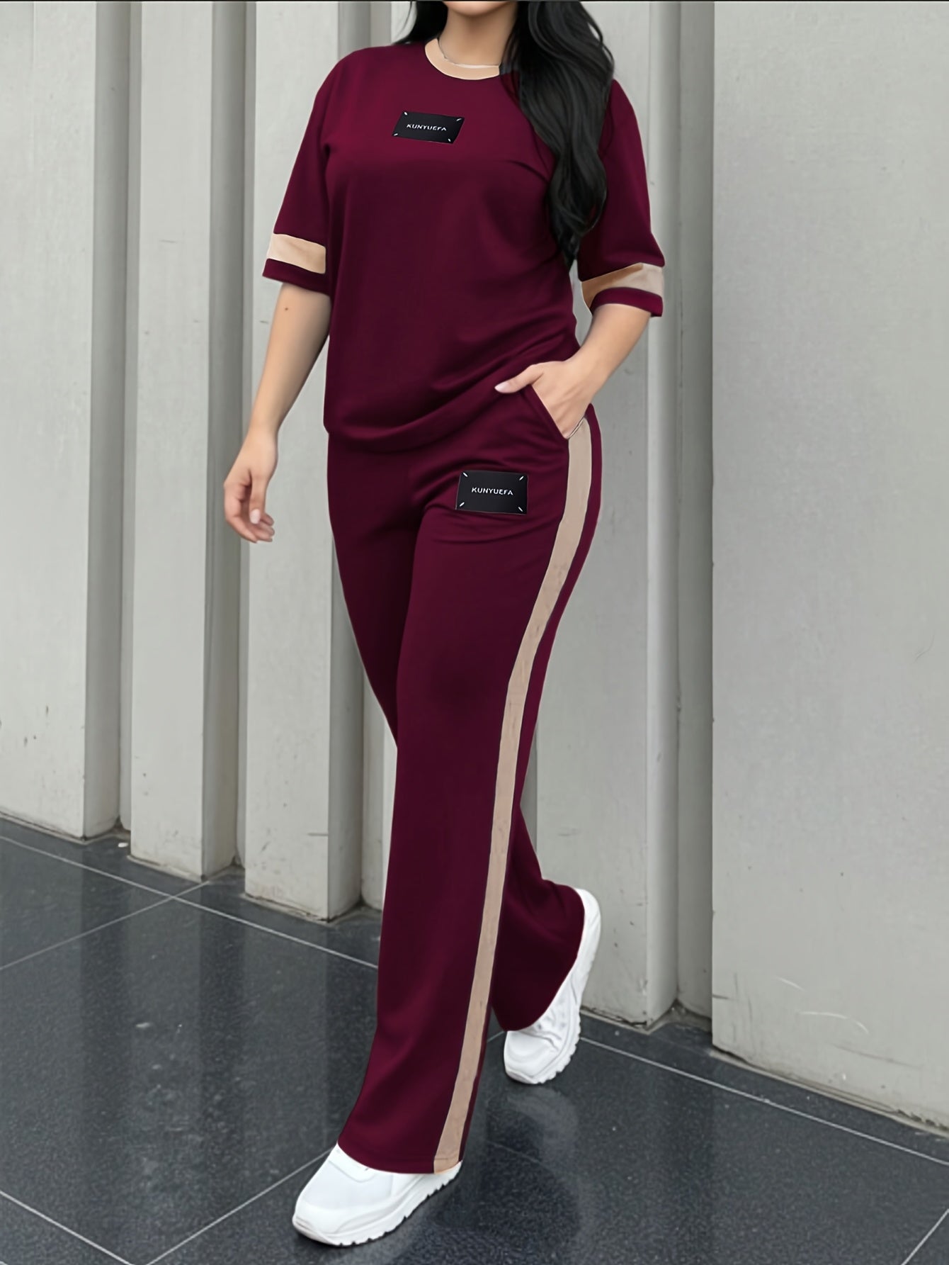 Lorielle | 2-delige loungeset voor dames – T-shirt met kleurblokken en een lange broek
