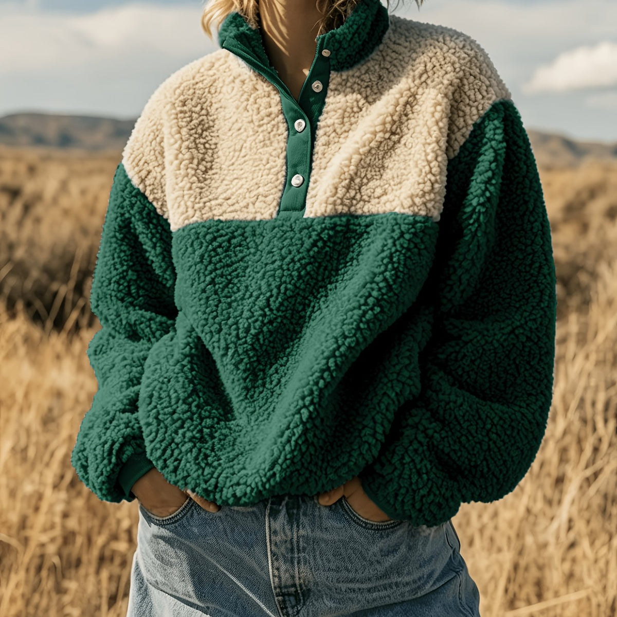 Anoria | Dames zachte color-block sweater – Halve knoopsluiting aan de voorkant