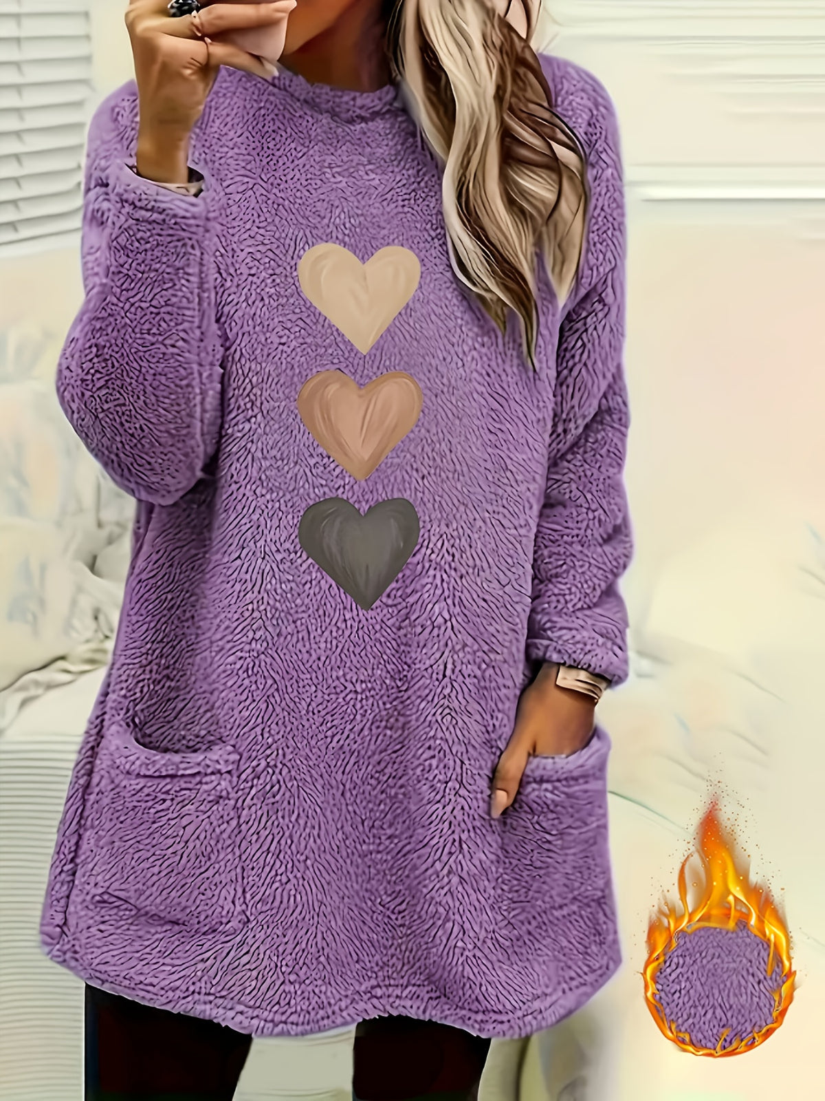 Leonie | Dames-sweatshirt met fleecevoering en hartjesprint – Casual pullover met lange mouwen
